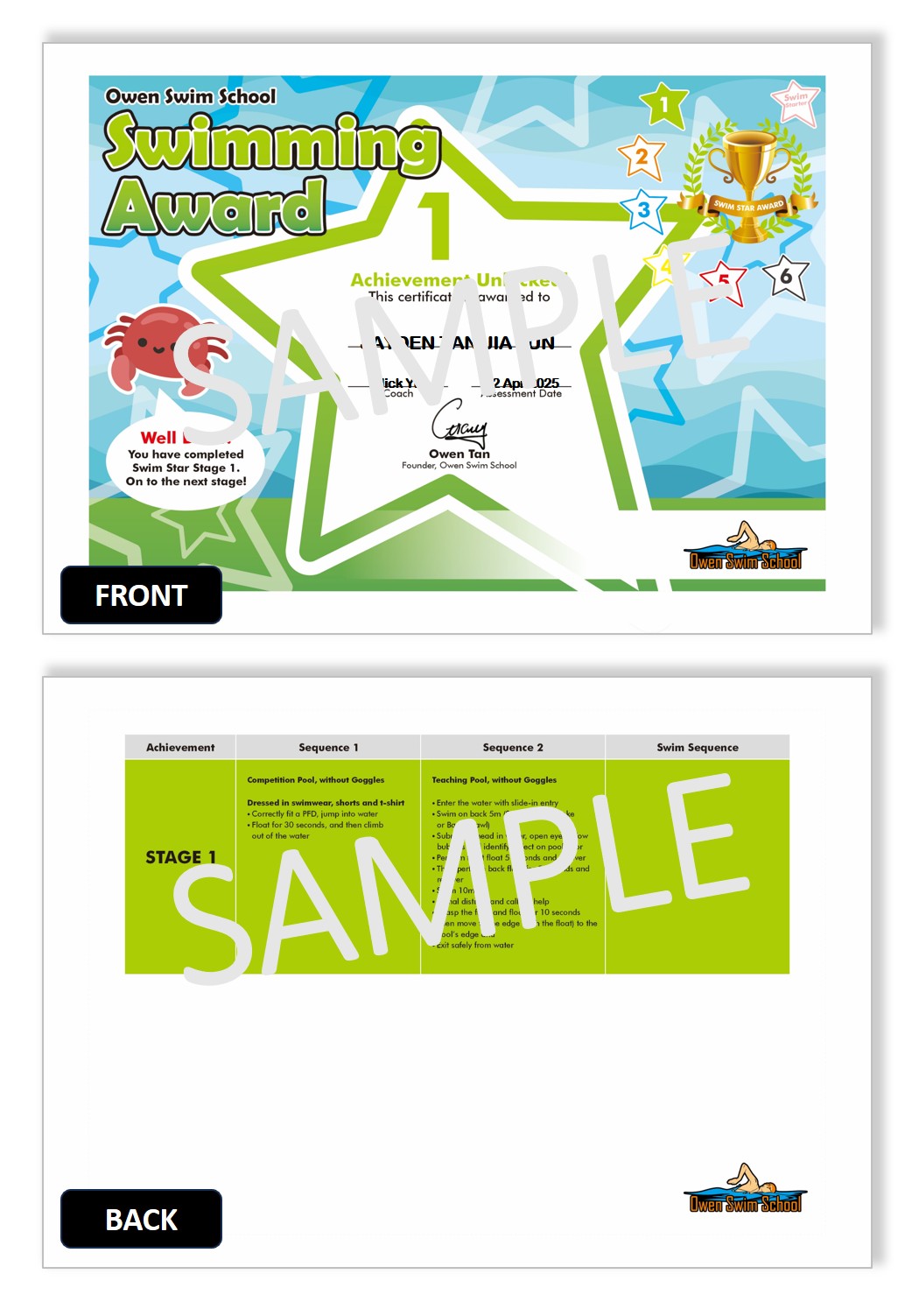 Owen Swim School Stage 1 In-House Certificate